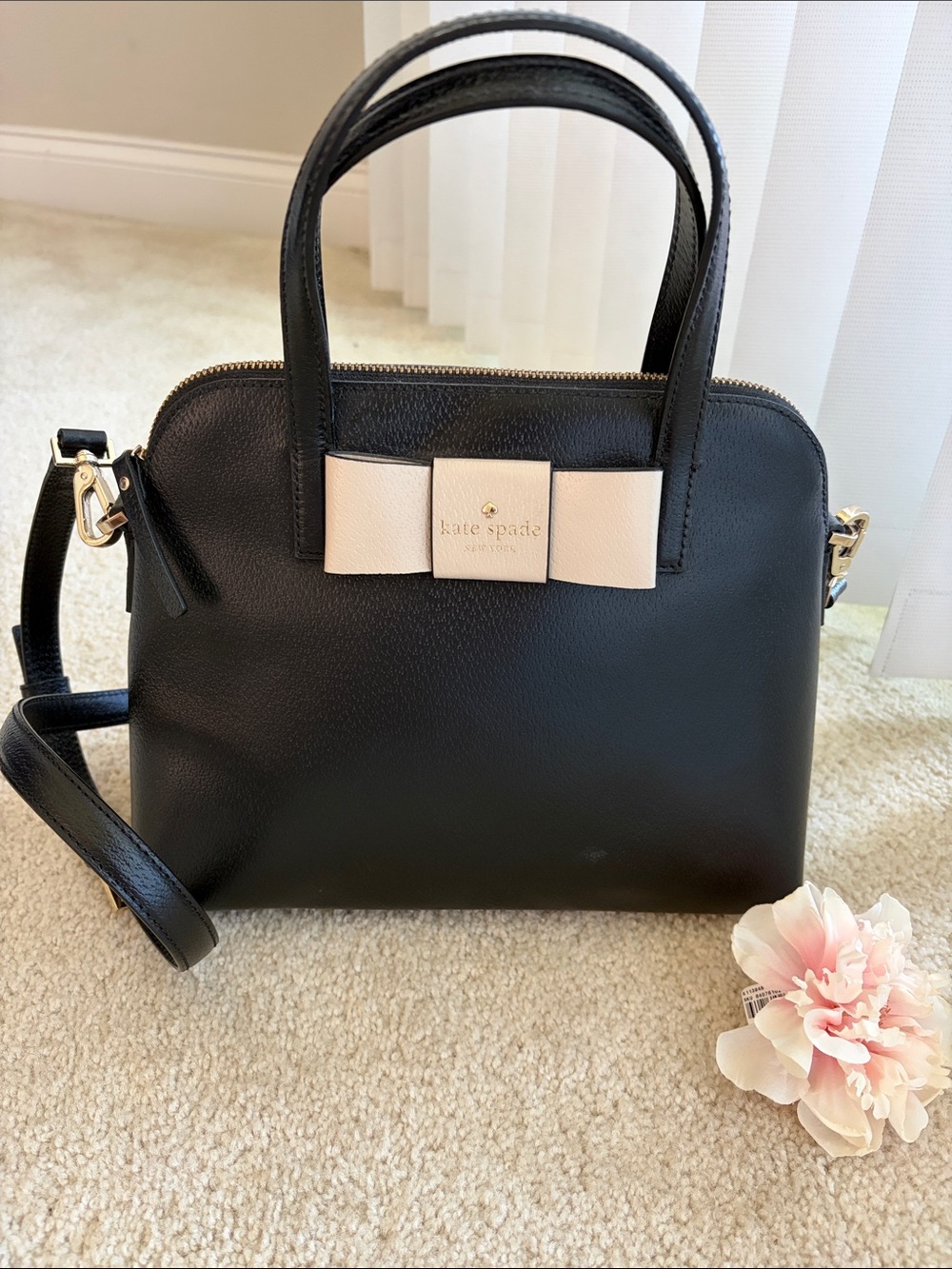 kate spade Black Leather Matthew’s Street Maise Satchel with Cream Bow Accent